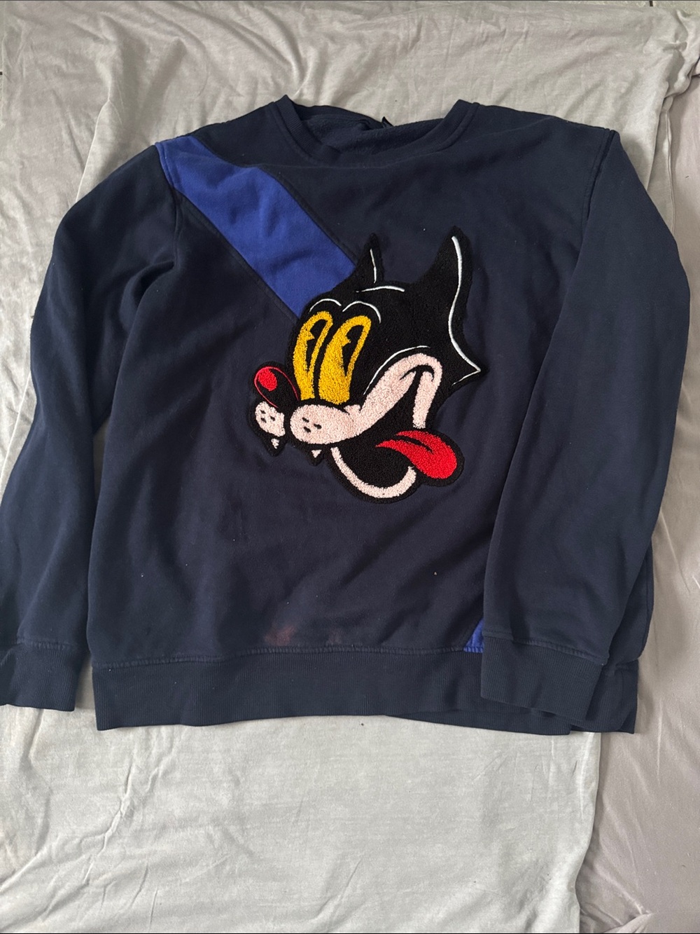 Men's Navy Crewneck Sweater with Cartoon Patch